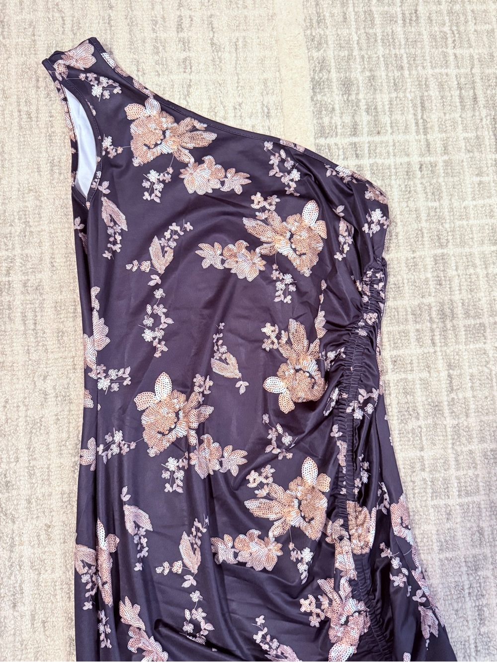 One-Shoulder Black Floral Maxi Dress with Side Ruched Detail